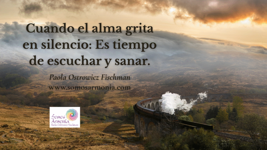 Imagen de portada sobre carga emocional: Tren en viaducto liberando vapor en un paisaje de montaña, simbolizando el camino para escuchar y sanar las emociones silenciadas.